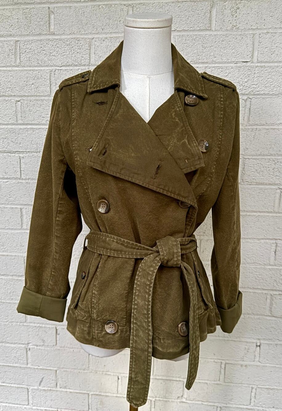 Chaser Vintage-Dyed Short Trench Coat Olive Utility Belted Double Breasted M